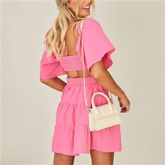 BoheeWohee Women's Summer Square Neck Mini Dress - Cutout Crossover Waist, Tiered Ruffle Hem, 100% Rayon - View #7